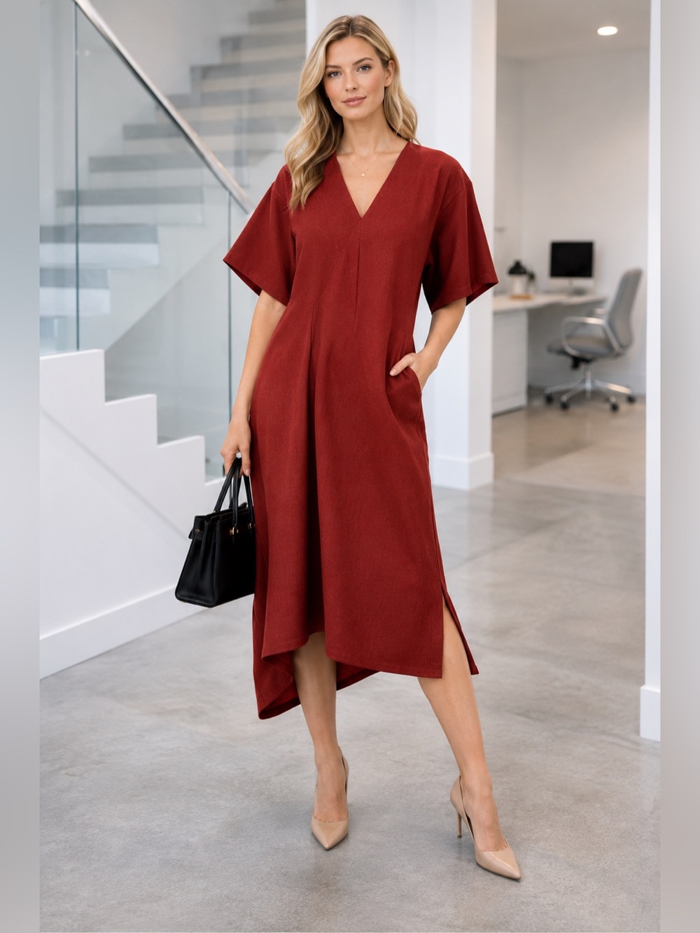Christian Wijnants Virgin Wool Asymmetric Midi Dress Rust EU 40